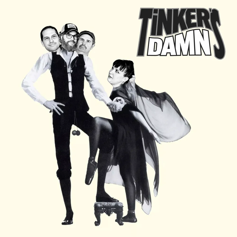 Fleetwood Mac's Rumours album cover with the Tinker's Damn members heads photoshopped on it